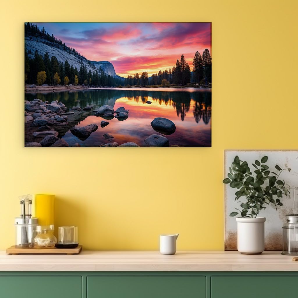 Canvas for Living room. Reflecting Tranquility: A Serene Lakeside Sunset Amidst Nature's Splendor, 27 x 18 inch Canvas Wall Art - Contemporary Masterpieces - Modern Home Decor