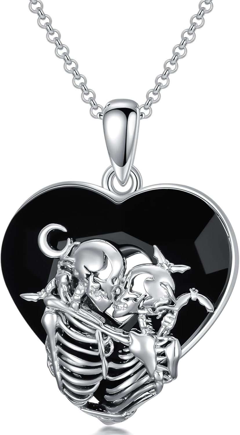 Seiyang Skull Necklace 925 Sterling Silver Skeleton Heart Crystal Pendant Jewelry Goth Gothic Gift for Women (with Gift Box)