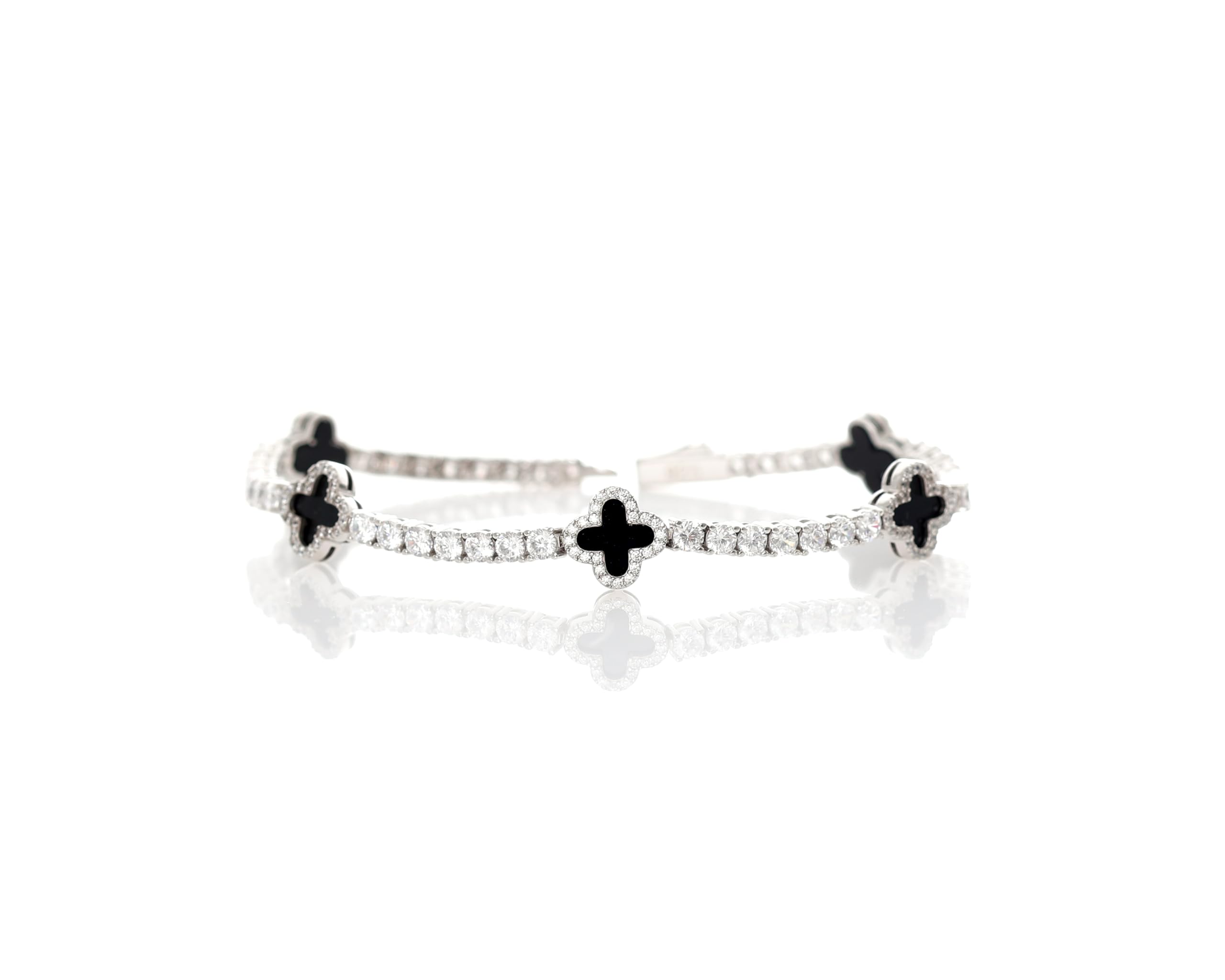 Iced Out Tennisarmband 925 Silber – Zirkonia & schwarze Kleeblätter, Glitzer-Armband für Damen & Herren - Lucoro