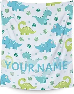 Personalized Dinosaur Blanket Gifts with Name - 60"x80" Cute Throw for Girls & Boys - Blue Soft Fuzzy Blankets for Bed, Couch & Living Room