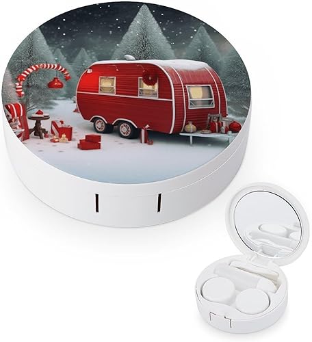 Estuche para lentes de contacto de viaje de Navidad rojo Camper Print Caja de contacto con solución de espejo Aplicador de botella Kit de