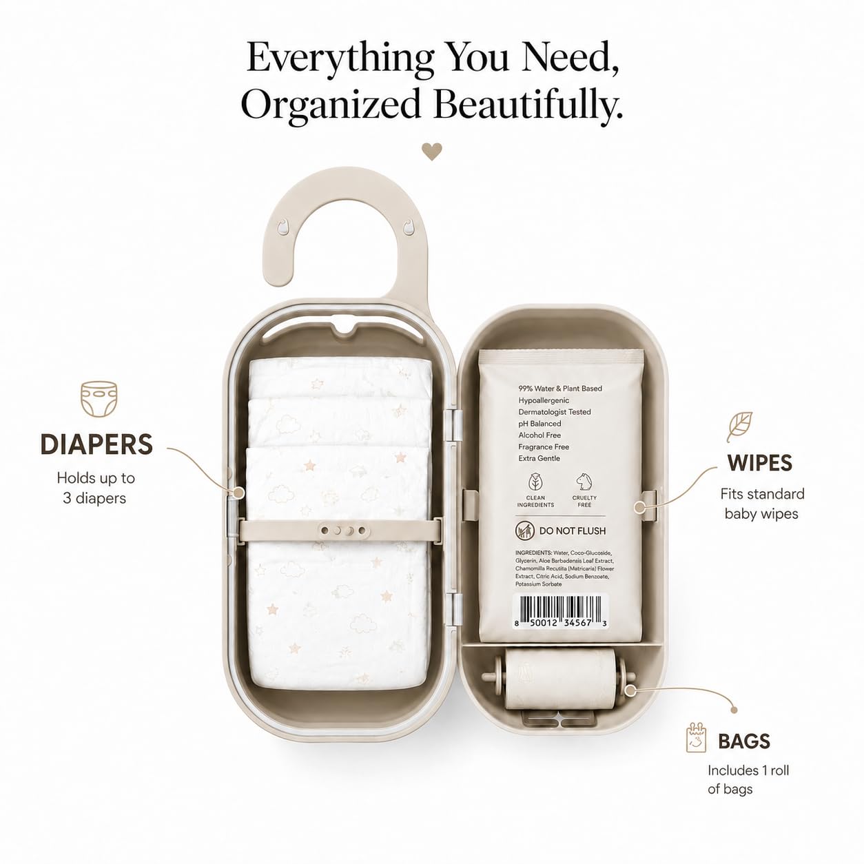 Dispensador portátil de pañales y toallitas, kit de cambio de pañales de silicona para viajes, organizador de cochecito, organización de bolsas de pañales, sostiene toallitas esenciales para