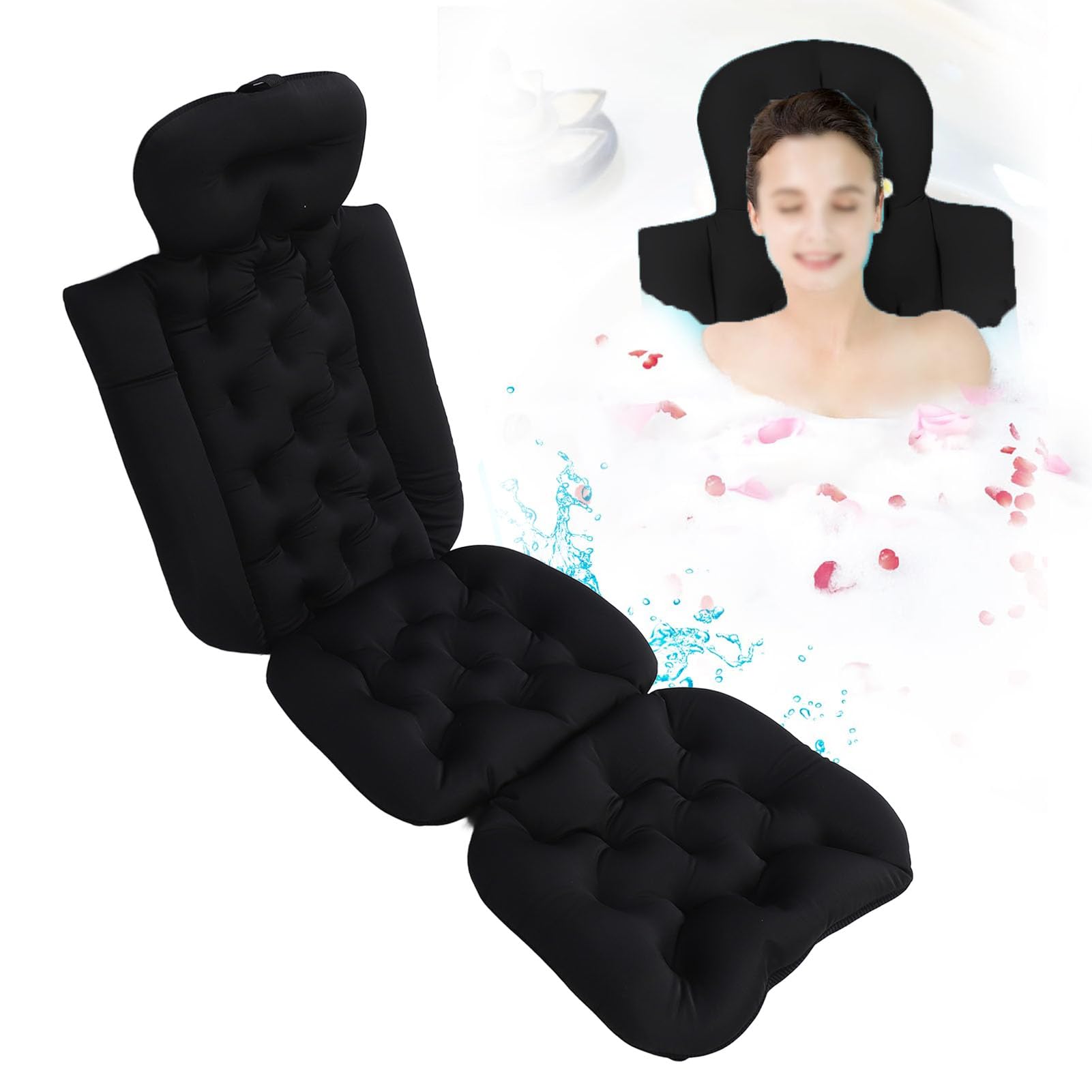 Cuscino da Bagno per Tutto il Corpo per Vasca da Bagno, Cuscino per Vasca Spesso con Forti Ventose, Cuscino per Vasca di Lusso per Vasca da Bagno, per Poggiatesta, Collo e (BLACK)