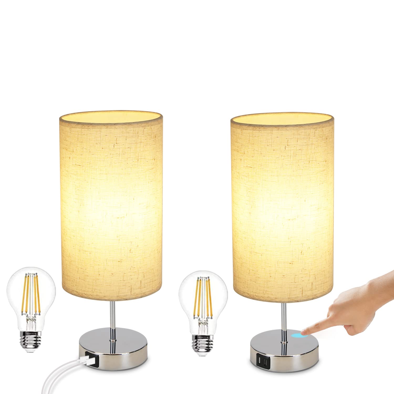 GBLY Nachttischlampe Touch Dimmbar 2er Set Modern Tischlampe mit USB | Anschlüsse, Schlafzimmer Nachttisch Lampe mit Ladefunktion, Chrom Bettlampe mit Stoffschirm, Tischleuchte E27 für Hotel Bett