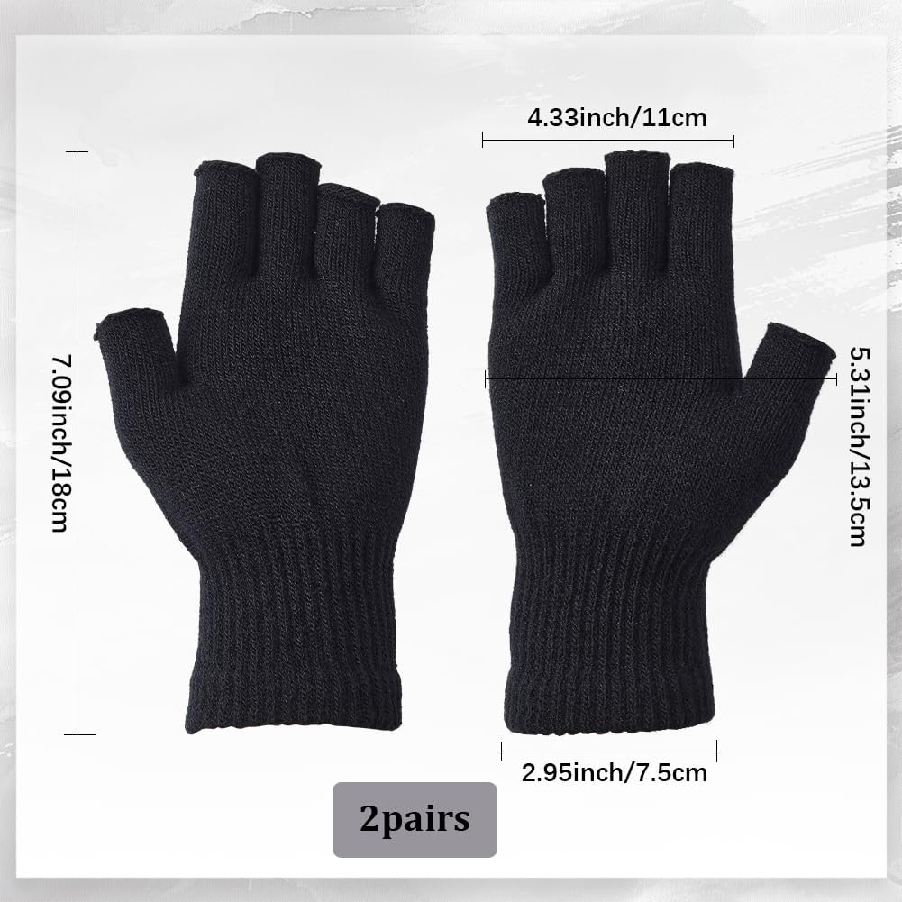 2 Pairs Winter Half Finger Gloves Warm Knitted Fingerless Mittens Touchscreen Stretchy Thermal Gloves Working Typing Running Biking Driving in Common Size for Men and Women - Image 2