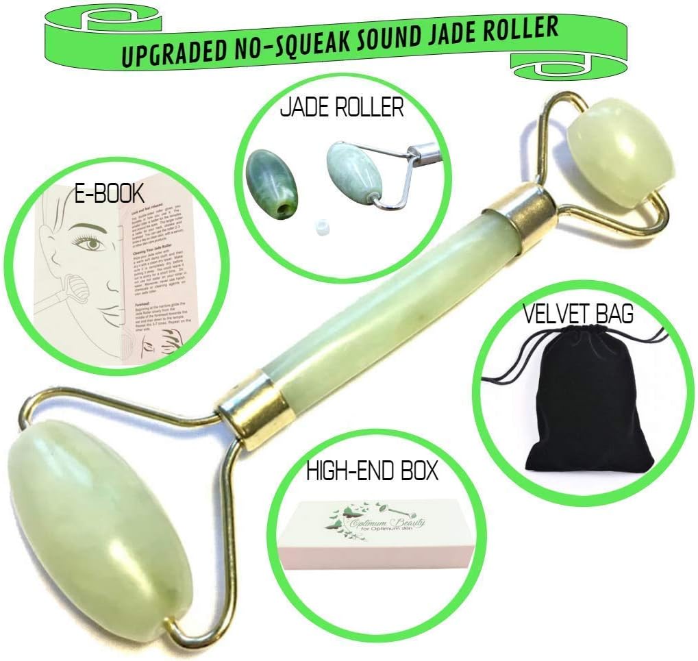 Anti Aging Jade Roller Massage for Face - 100% Natural Jade Stone for Face Treatment - for Puffiness, Slimming & Firming - Rejuvenates Skin & Remove Wrinkles - Noiseless no Squeak Sound
