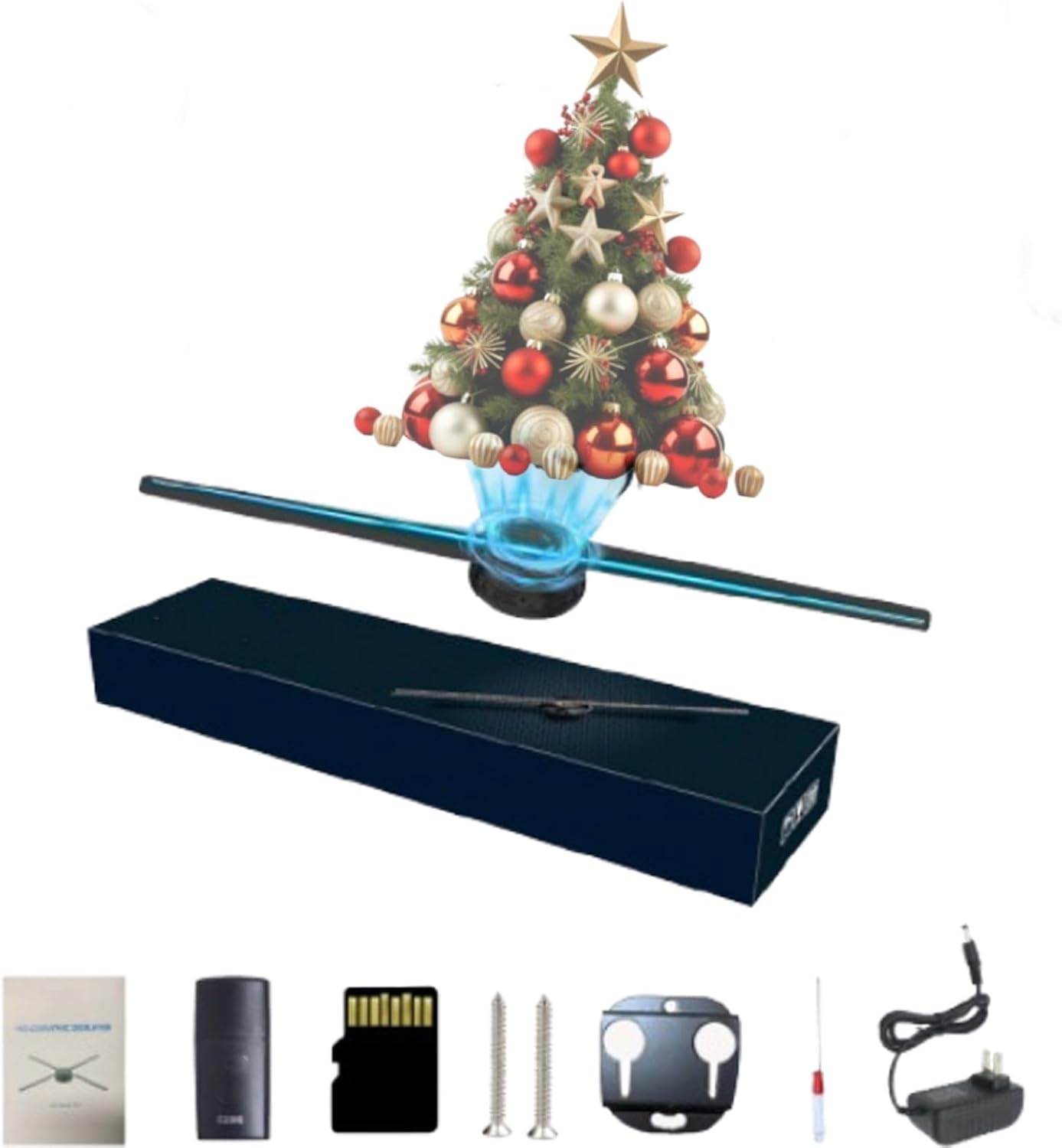 Superbholo F65 Hologram Fan with a holographic Christmas tree projection and its packaging box.