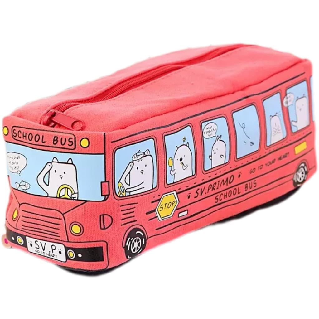 x trade Cartoon Bus Shaped Pencil Case Canvas Pen Pouches Pencil Bag Zippered Big Capacity Pen Case Stationeries Organiser for Kid and Student (Red Bus)