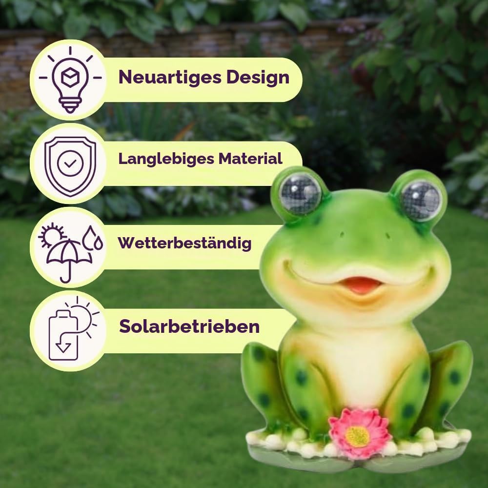Garden Mile Solar-Frosch Gartenfigur mit blinkenden LED-Augen, 25 cm, wasserdicht, Kunstharz, Tier, Outdoor, Terrasse, Rasen und Weg, lustige Dekoration Geschenk