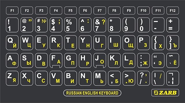 Pack of 2 Russian Keyboard Stickers , Glossy Black Sticker with White and Yellow Letters Laptop Keyboard Stickers English-Russian