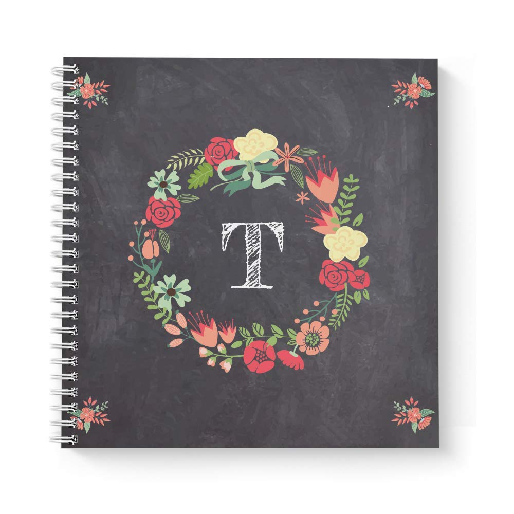 Gotcha Covered Notebooks Floral Wreath Monogram T Notebook/Journal, Laminated Soft Cover, 120 Wide Ruled pages, lay flat wire-o spiral. Size: 8.5” x