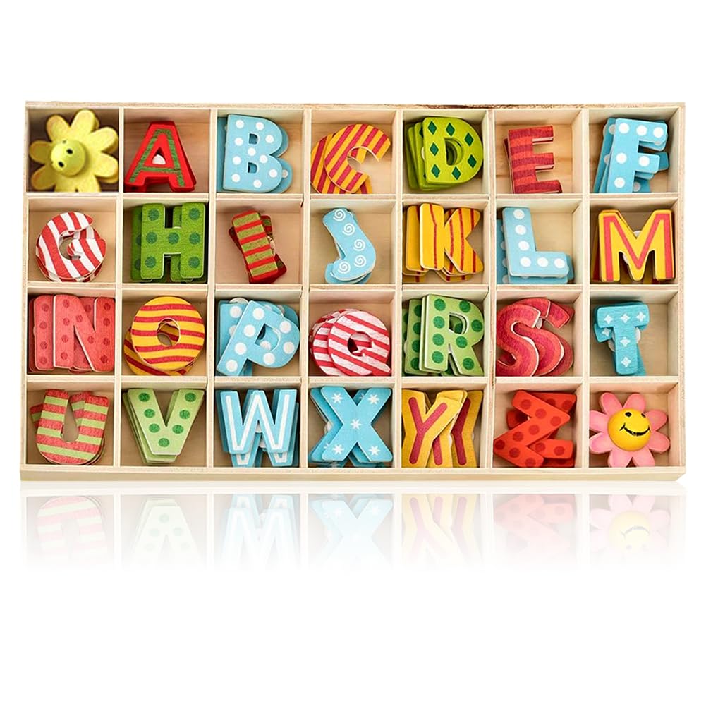 108 PCS Juego Letras De Madera De Alfabeto,Colorido Juego De Letras De Madera - con Bandeja de Almacenamiento, Ortografía Para Niños, para Exhibiciones para Fiestas de Bricolaje y Aprendizaje de Niños