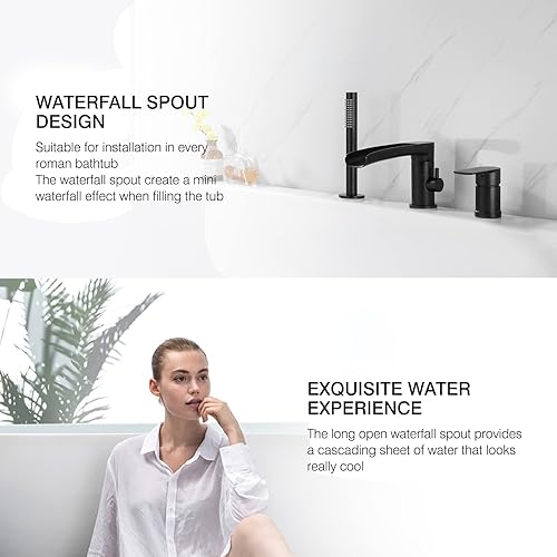 Miniatura 74 de TapLong Grifo de llenado de bañera en cascada con ducha de mano, juego de grifo de bañera romano generalizado, montaje en cubierta, 3 agujeros, Oro