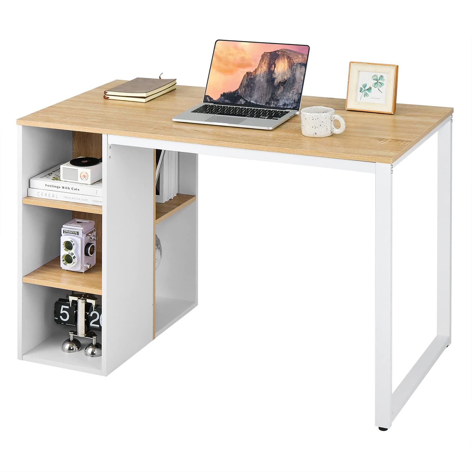LIFEZEAL Scrivania Salvaspazio, Bianco, Scrivania Ufficio Porta Computer, PC, con 5 Scomparti Aperti, Postazione di Studio, Tavolo di Lavoro, Desk, in Legno, Metallo, Max 115kg, 115x59,5x75cm