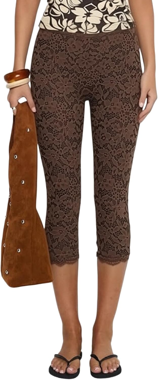 Women Floral Lace Capri Leggings Y2k Skinny Capri Pants