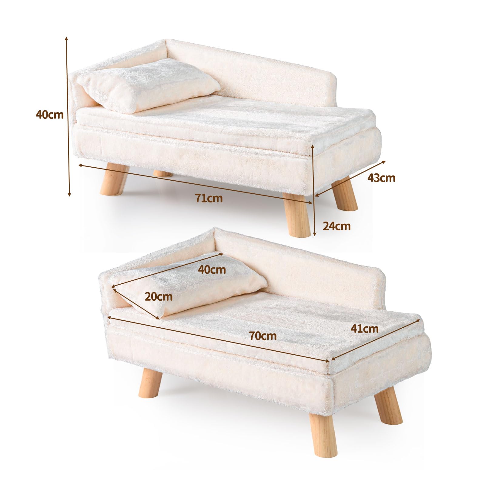 GOPLUS Luxus Katzensofa, Erhöhtes Hundebett mit Rückenlehne, abnehmbarem Kissen & Holzbeinen, Hundesofa für kleine Hunde, Relaxsessel weich, Katzencouch für Hunde & Katzen, Beige, 71x43x40 cm