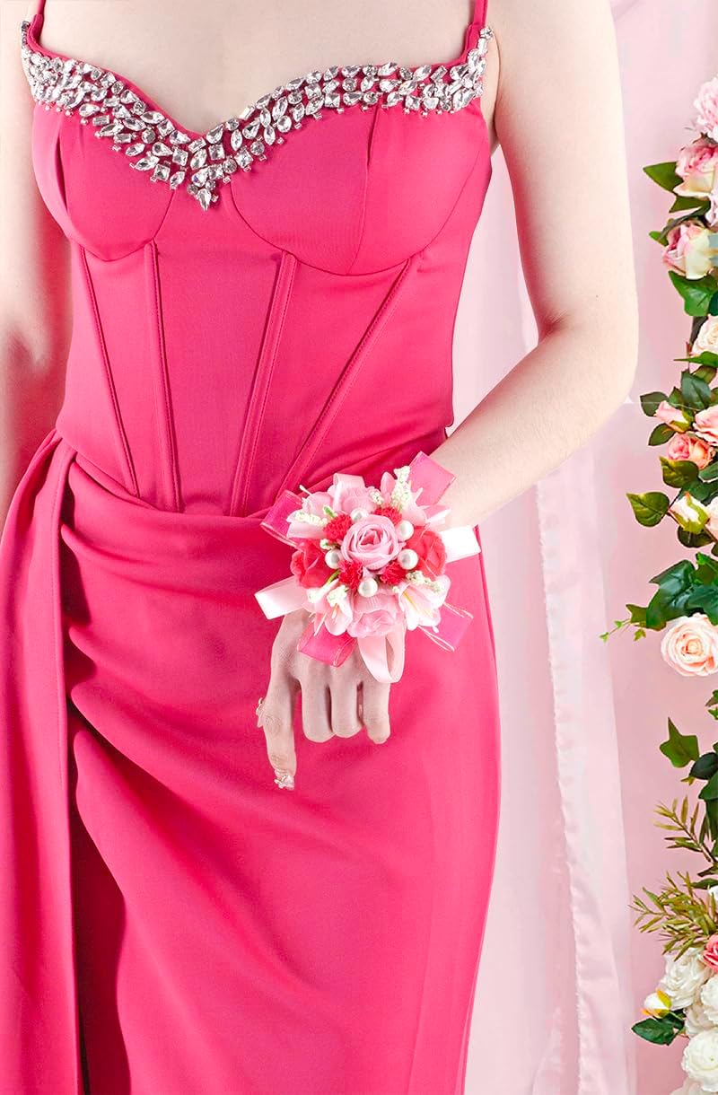Hot Pink Rose Corsage and Boutonniere Set, Prom Flower Wrist Corsage Wristlet Band Bracelet, Boutonniere for Men Wedding Flowers Accessories Prom Suit Decorations - Image 6