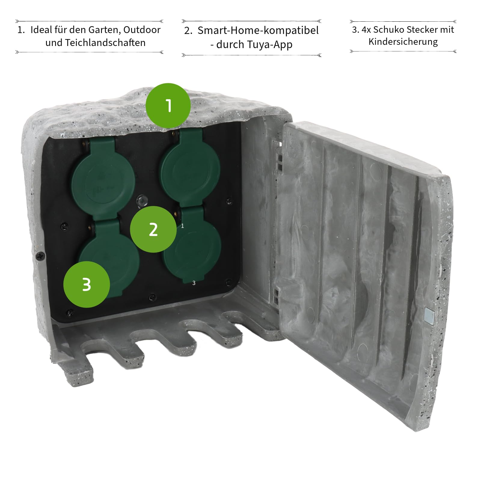 Toma de Corriente de Exterior Inteligente BOLD con Aspecto de Piedra para jardín - Distribuidor de Enchufe de 4 vías IP44 (WLAN, Smart Home, hasta 3680 vatios, Cable de Exterior de 3 m)