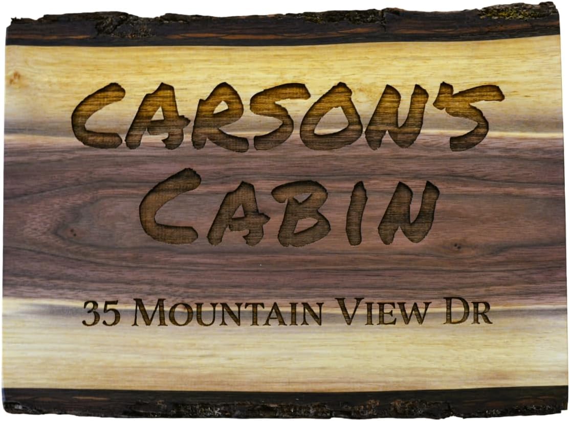 Personalized Cabin Sign Engraved Live Edge Walnut with Bark Custom Wood Family Name Address or Established Date Outdoor Inside Wall Handmade Unique Rustic Decor Gift (Cabin Lakehouse or Any Text Sign)