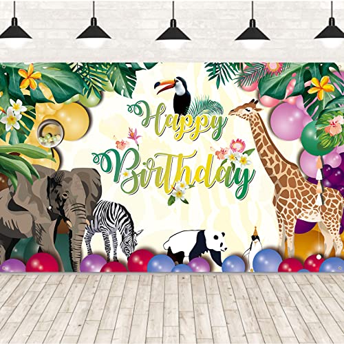 Image of Happy Birthday Banner for Jungle Safari Theme Party Decorations, Fabric Animal Zoo Backdrop Tropical Forest Poster for Boys Girls Wall Supplies, 185*110cm
