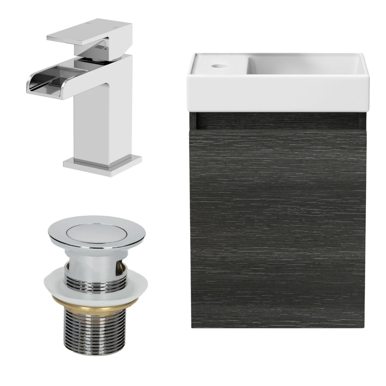 Artis® 400mm Bathroom Vanity Unit Ceramic Wash Sink Wall Hung Storage Cabinet Reversible Soft Close Cupboard & Chrome Waterfall Basin Mixer Tap & Waste Set, Charcoal Grey