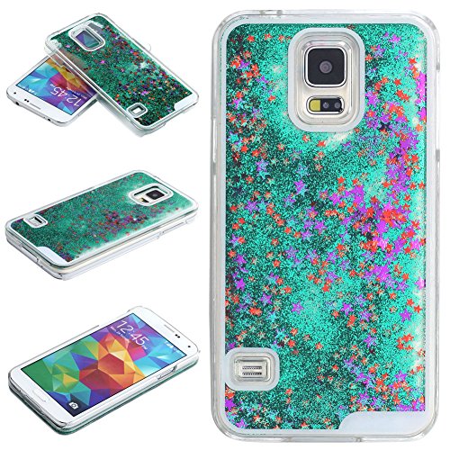 Samsung Galaxy S5 Case-Yerwal Transparent Plastic 3D Glitter Quicksand Stars Liquid Case for Samsung Galaxy S5(Green)