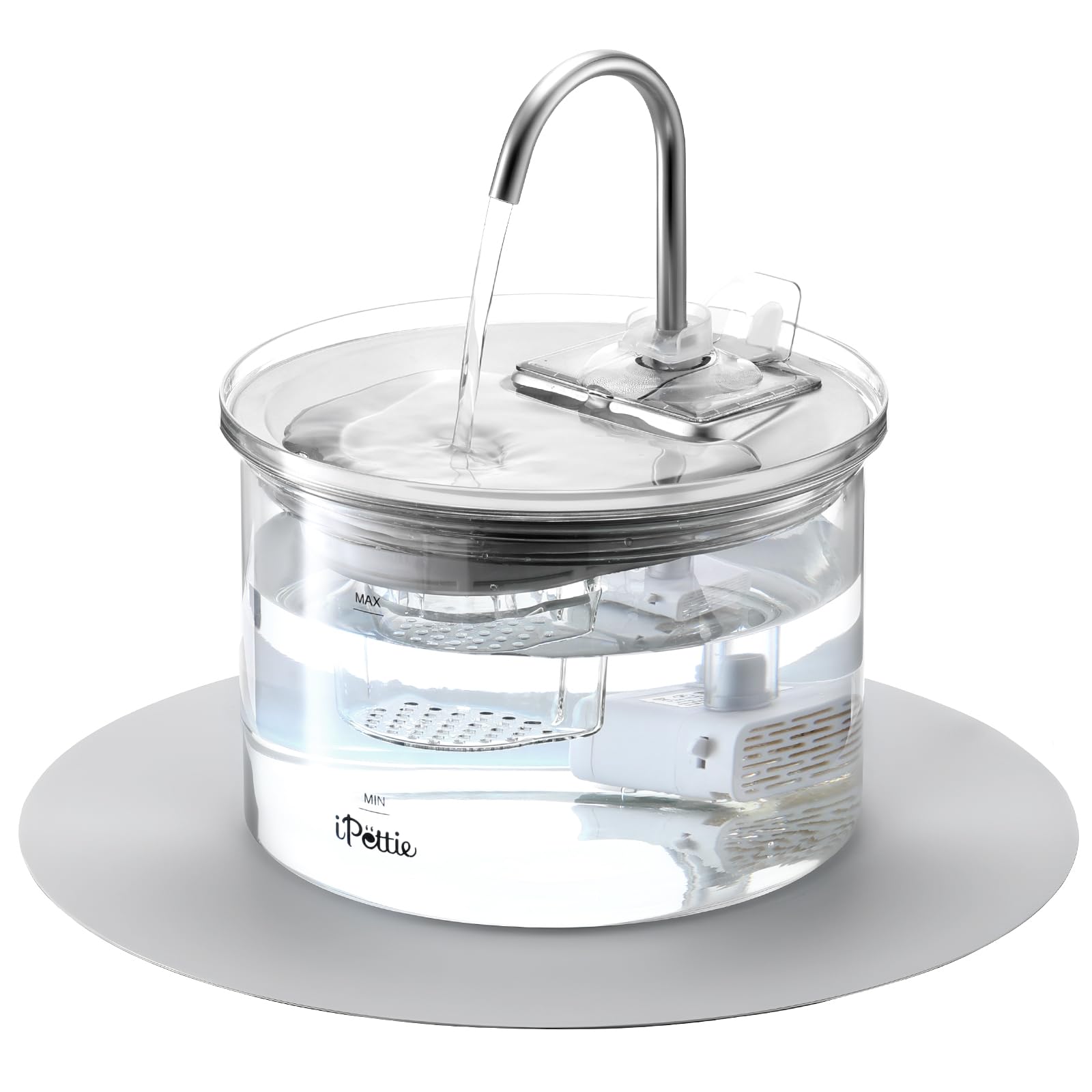 iPettie Glass Cat Water Fountain, Kitty Spout Water Fountain 68oz/2L for Cats Dogs with 2 Spray Heads, 3-Stage Filtration, Automatic Water Dispenser, Glass & Stainless Steel
