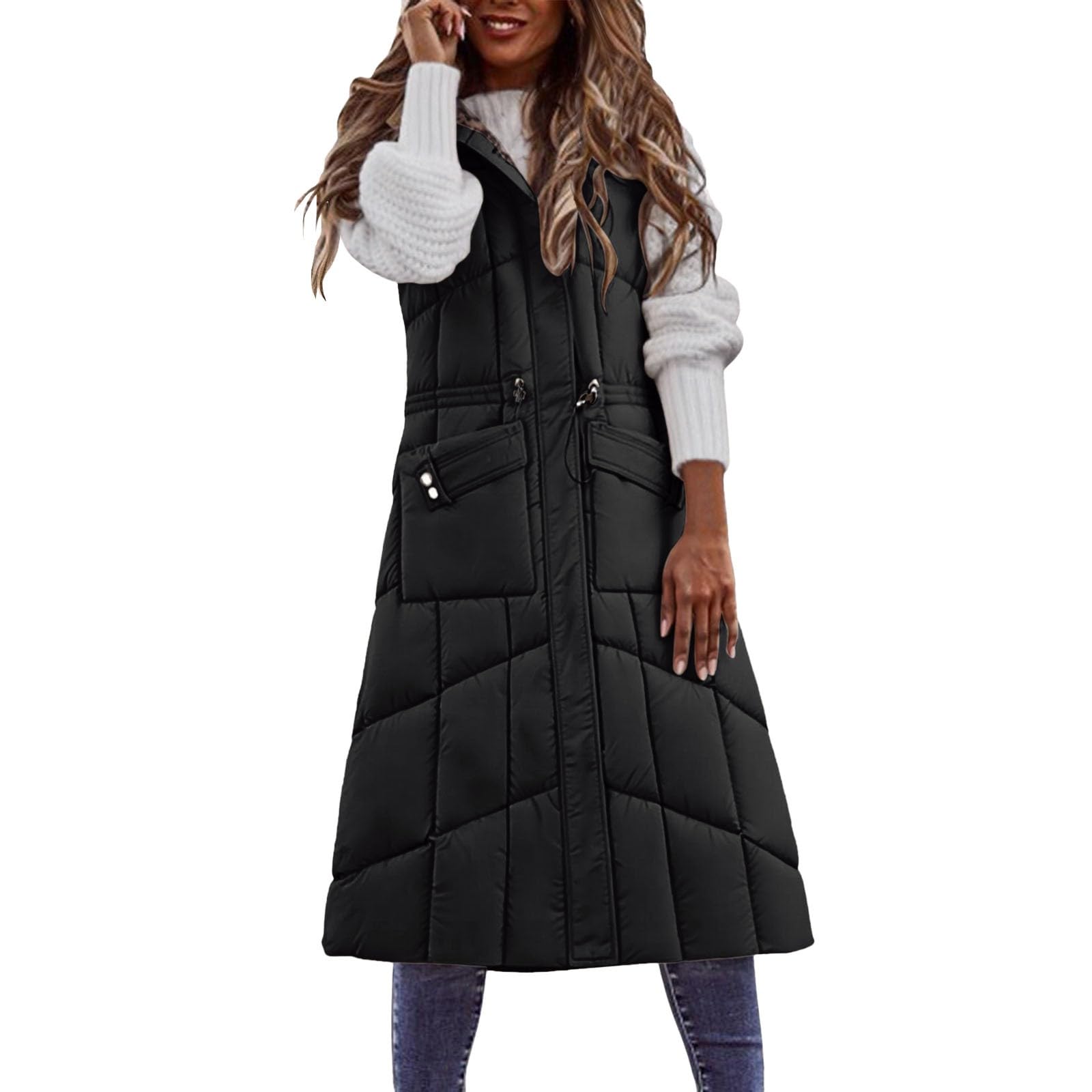 acolchado largo para mujer con cordón en la cintura, chaqueta sin mangas con capucha para un invierno cálido y elegante.