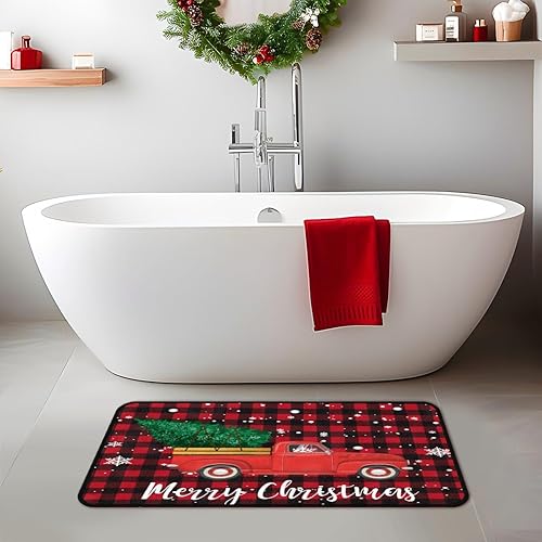 Miniatura 5 de Giyimgaf Alfombras de camino de camión rojo de Navidad, alfombras lavables para árbol de Navidad, 20 x 40 pulgadas, antideslizantes, copos de nieve,