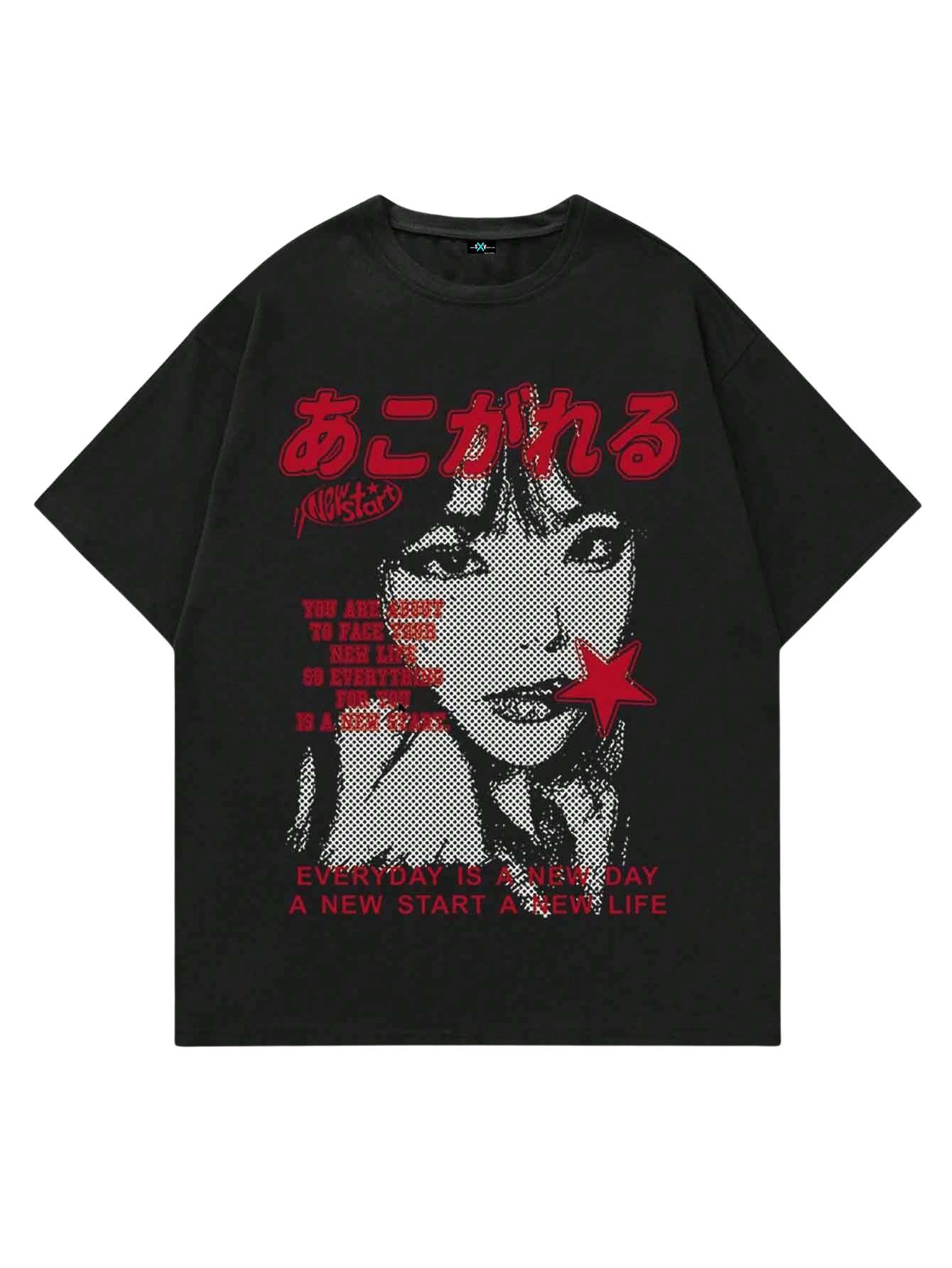 Oversized Graphic T-Shirt, Black, Japanese Anime Print, Red Text, Everyday is a New Day Slogan, Unisex Streetwear-image-2