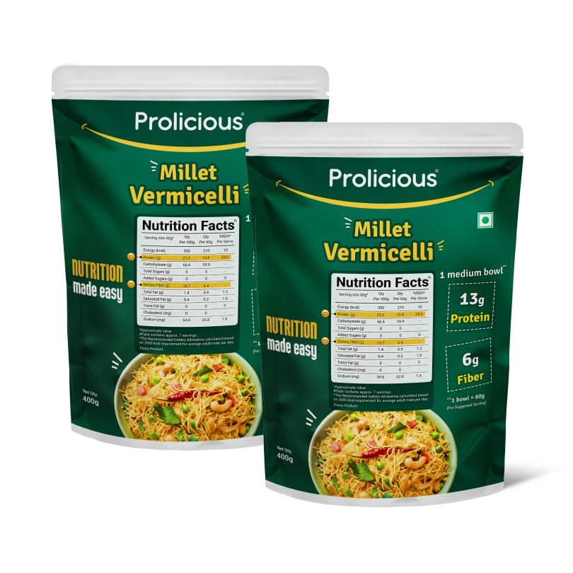 Prolicious Millet Vermicelli | High Protein & High Fiber | Nutritious | Plant Based | No Palm Oil | No Maida | Quick & Healthy Breakfast Option | 400g (Pack of 2)