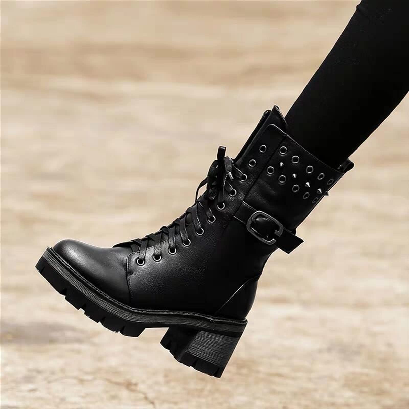 Damenschuhe Punk Nieten Nieten Lederschuhe Damen Hohe Stiefel Winter Schuhe mit Absatz Damen Reitstiefel mit Gürtel Mittelkalb Stiefel,CN 40