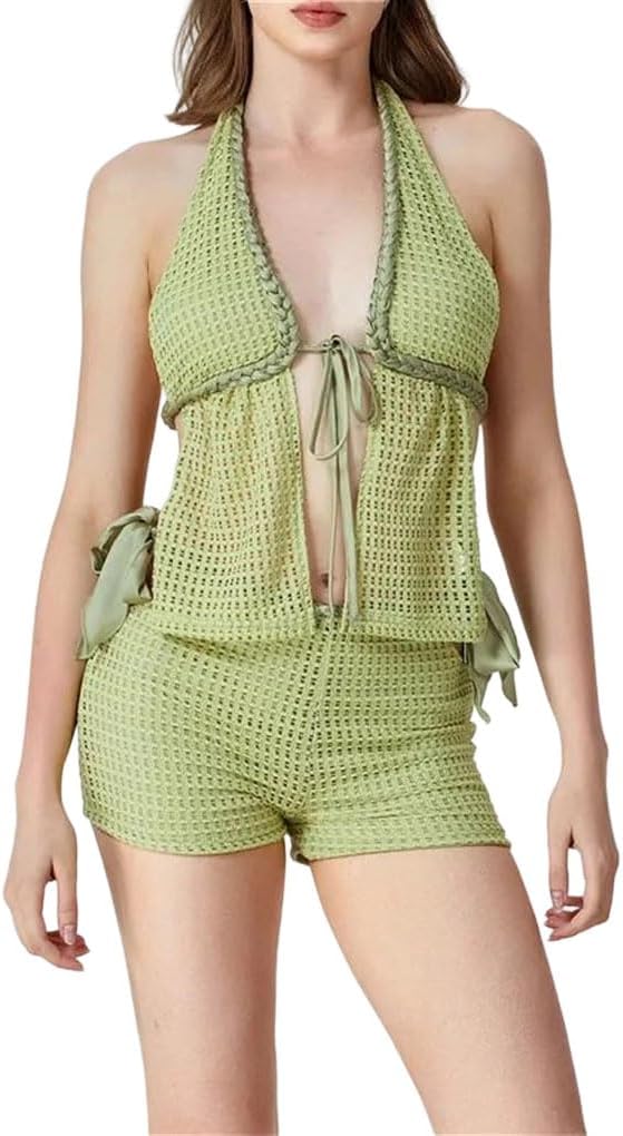 Women's Two Piece Knit Set Women Tie Up Tank Top Hollow Shorts Suits