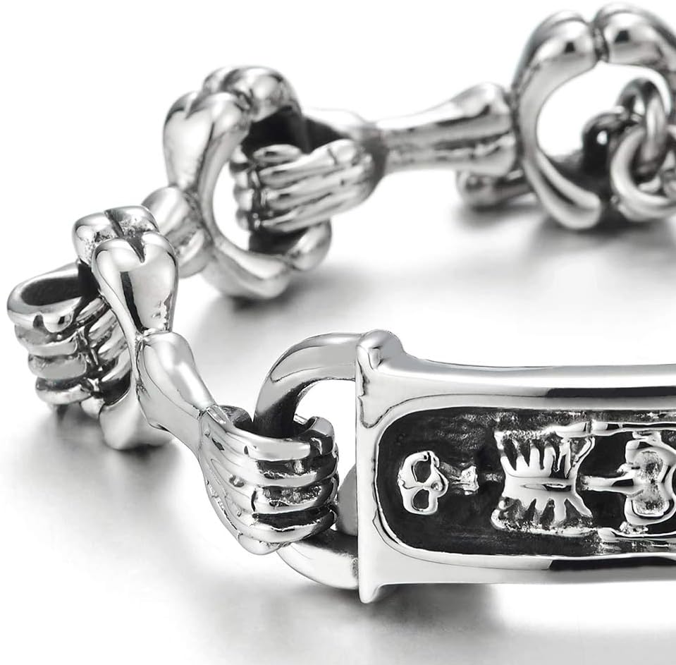 COOLSTEELANDBEYOND Exclusive Men Stainless Steel Skeleton Skull ID Identification Hands Link Chain Bracelet, Polished