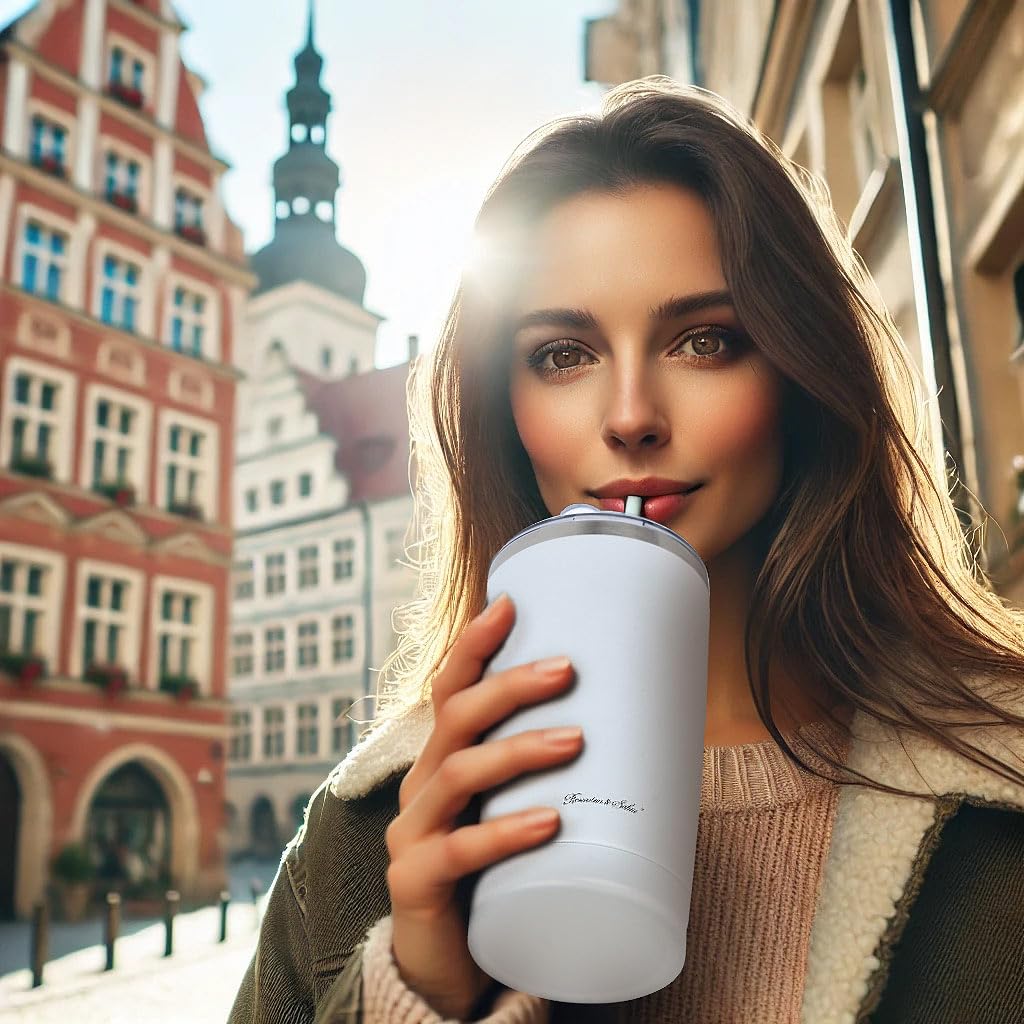 Rosenstein & Söhne Becher: 4er-Set doppelwandige Isolierbecher, weiß, 600 ml, Edelstahl (Isolierbecher mit Deckel, für Smoothie, Kfz)