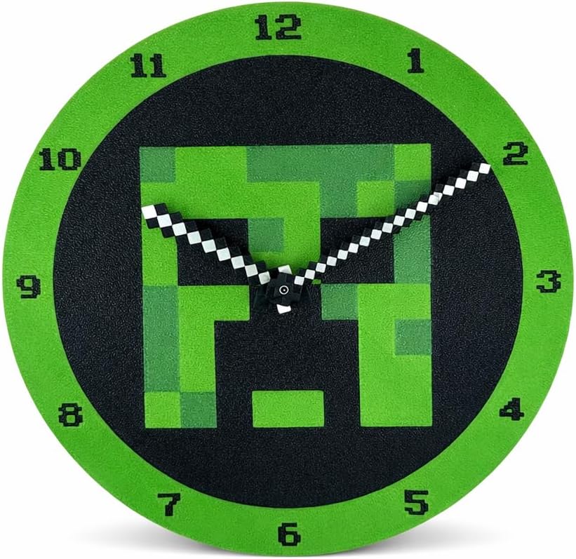 Green Pixel-Art Wall Clock | Retro 8-Bit Monster Face with Checkerboard Hands | Silent, No-Tick Analog Clock for Kids, Teens & Gamers | Bedroom & Gaming Room Decor | Safe for Kids