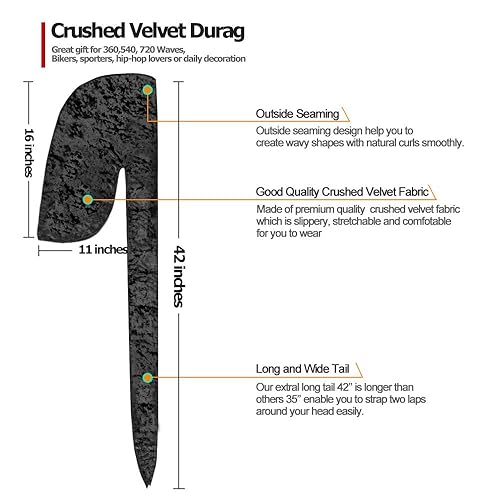 Miniatura 3 de 3 piezas de terciopelo triturado ondulado Durag  Envolturas sedosas Durag con cola extra larga perfectas para 360 olas
