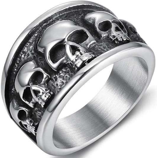 JUDE Retro Vintage Stainless Steel Gothic Death Skull Skeleton Cocktail Party Biker Statement Halloween Ring