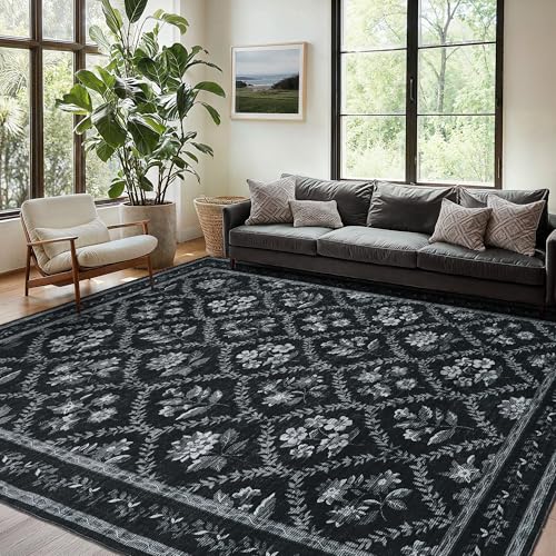 Black Modern Farmohouse Floral Area Rug Boho Flower Washable Area Rug 5x8 Living Room Stain Resistant Soft Bedroom Charcoal Black Vintage Dining Room Floor Covering for Under Table Indoor Carpet
