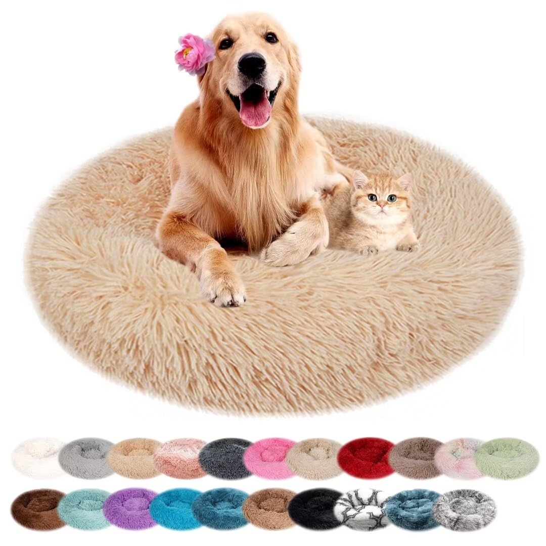 nvdsivee Dog Bed Plush Round Cat Bed for Indoor Cats Puppy Bed Washable Calming Dog Beds Cushion for Small Medium Large Dogs Dog Mattress with Anti-slip Bottom Light Brown 70cm
