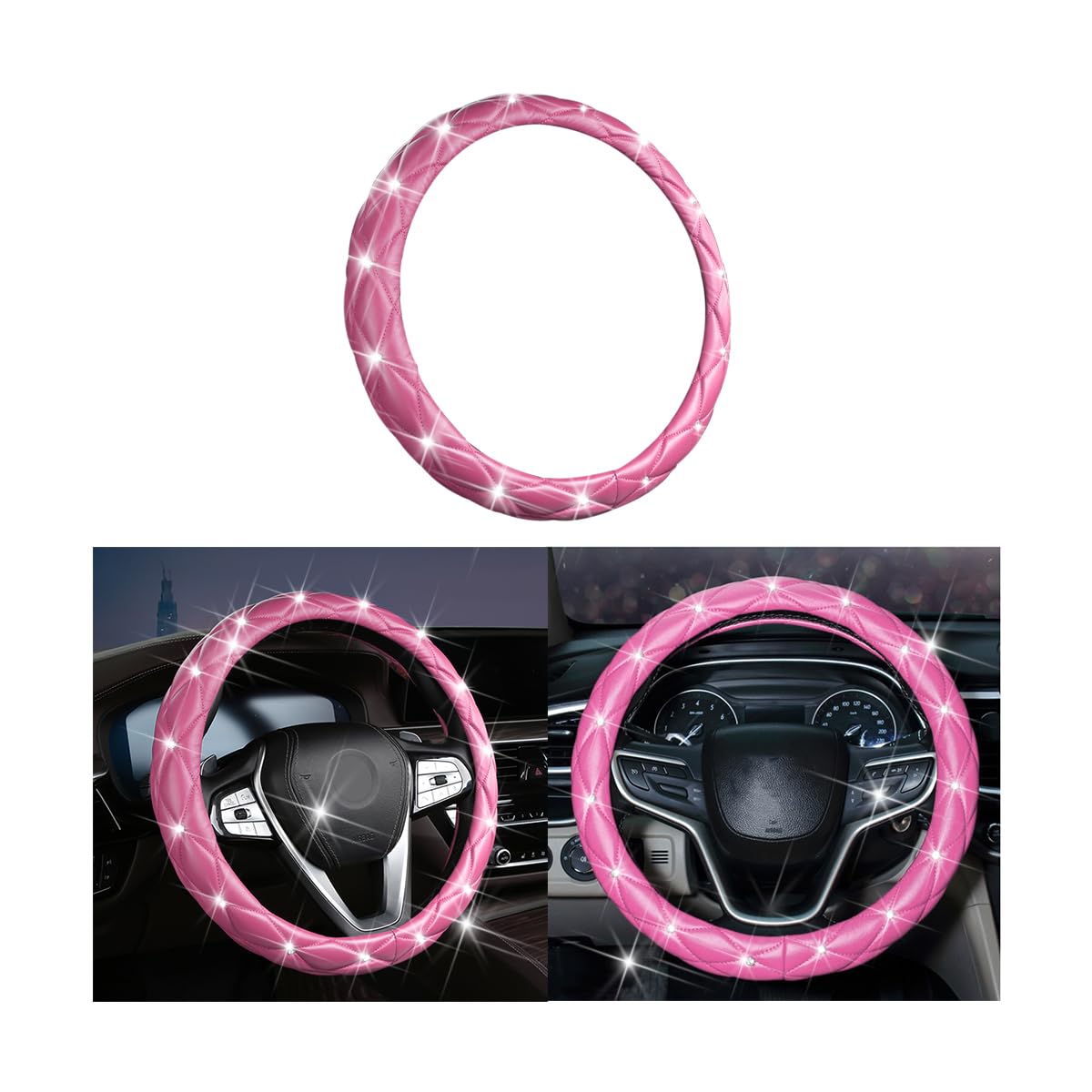 Diamond Soft Leather Steering Wheel Cover, 15 Inch Bling Elastic Steering Wheel Protector with Sparkly Crystal Rhinestones, Auto Accessories Universal