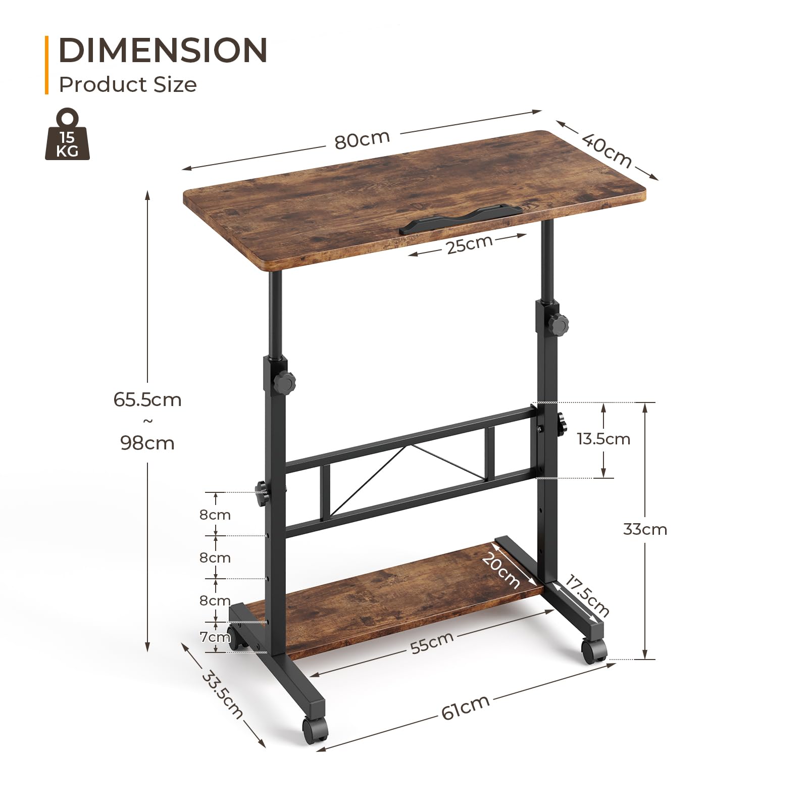 Dripex 80x40cm Stehpult, Schreibtisch höhenverstellbar 65-98cm, Mobiler Computertisch mit Rollen und mit neigbar Tischplatte, Überbett-Tisch, Steh-Sitztisch für Zuhause und Büro, Vintage Braun