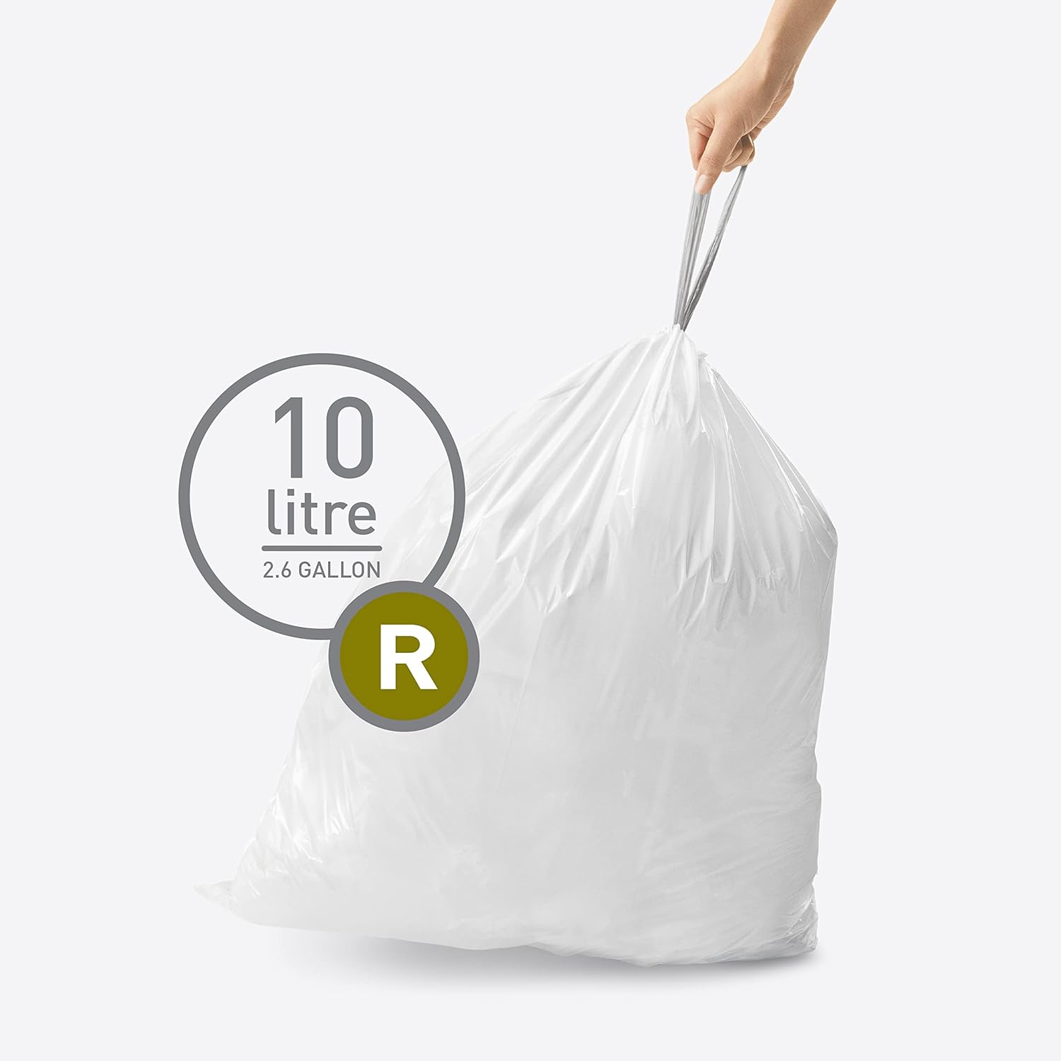 simplehuman Code R 200 Count, Dispenser Pack Custom Fit Liners, Drawstring Trash Bags, 10 Liter / 2.6 Gallon, White
