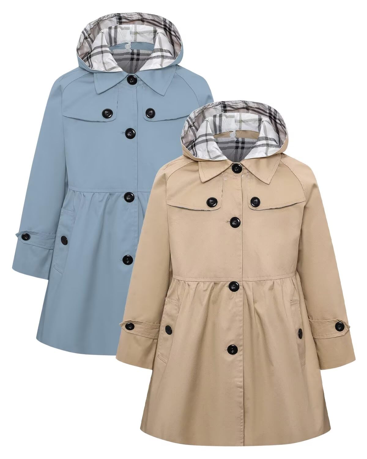 Betusline Girls 2 Packs Trench Coat Hooded Lightweight Single Breasted Dress Outerwear Jacket,2-14 Years
