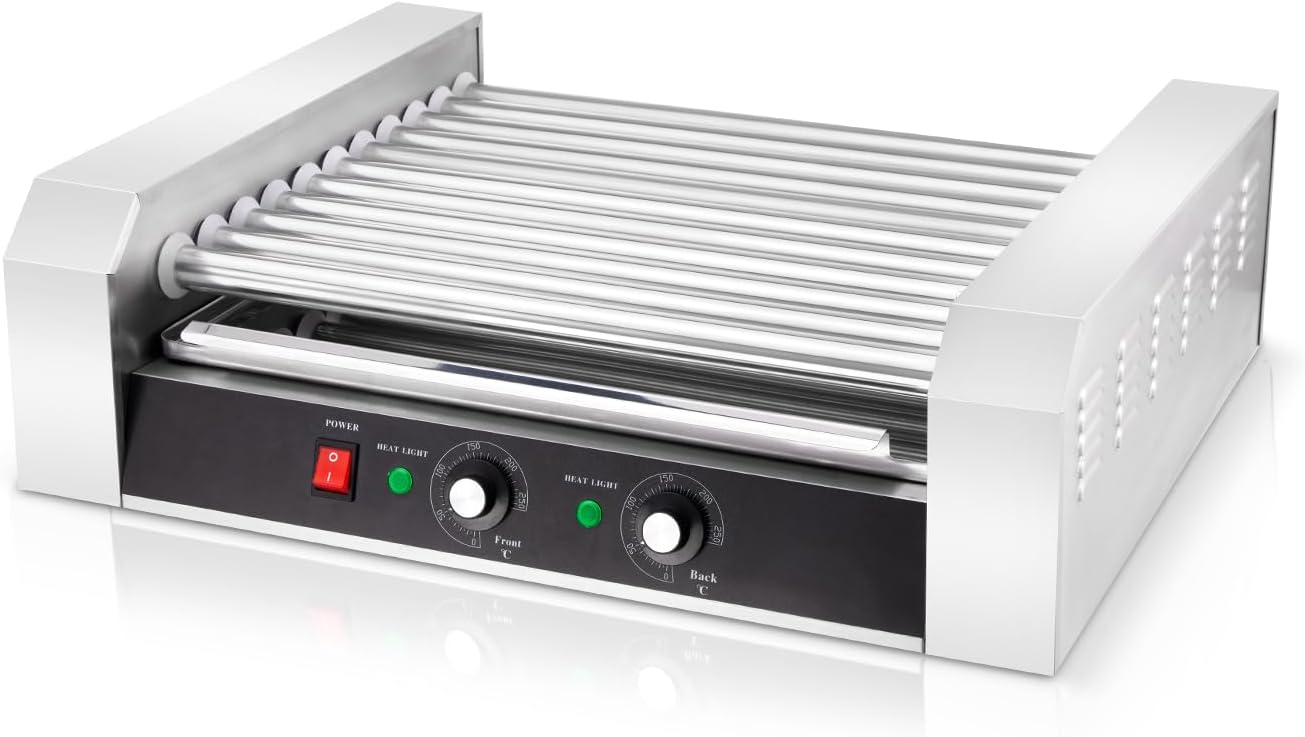 SYBO Hot Dog Roller, 30 Hot Dogs 11 Rollers Grill Cooker Machine with Removable Stainless Steel Drip Tray, 1430-Watts, Ideal for Commercial And Party Use