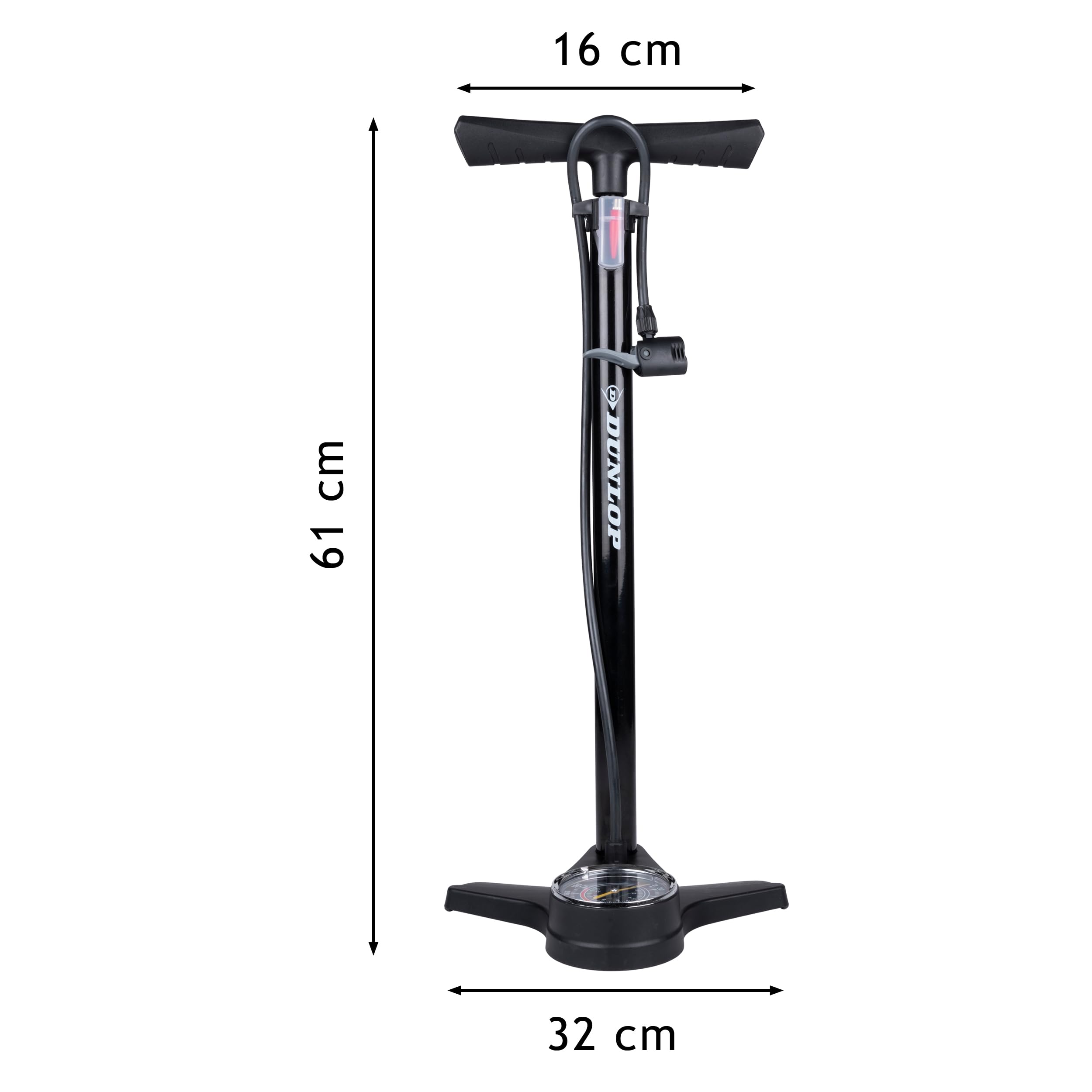 Dunlop Fahrradpumpe mit Manometer - Luftpumpe Fahrrad mit 2 Adaptern - für Alle Ventile - Dunlop, Presta und Schrader Ventil - Pumpe 12 Bar/180PSI - Kunststoff - Schwarz