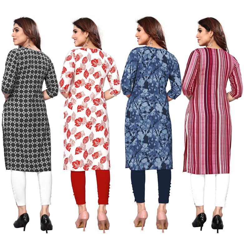 Image of JAKHANA Women's Crepe Printed Casual Straight Calf Length Round Nick Kurta Pack of 4