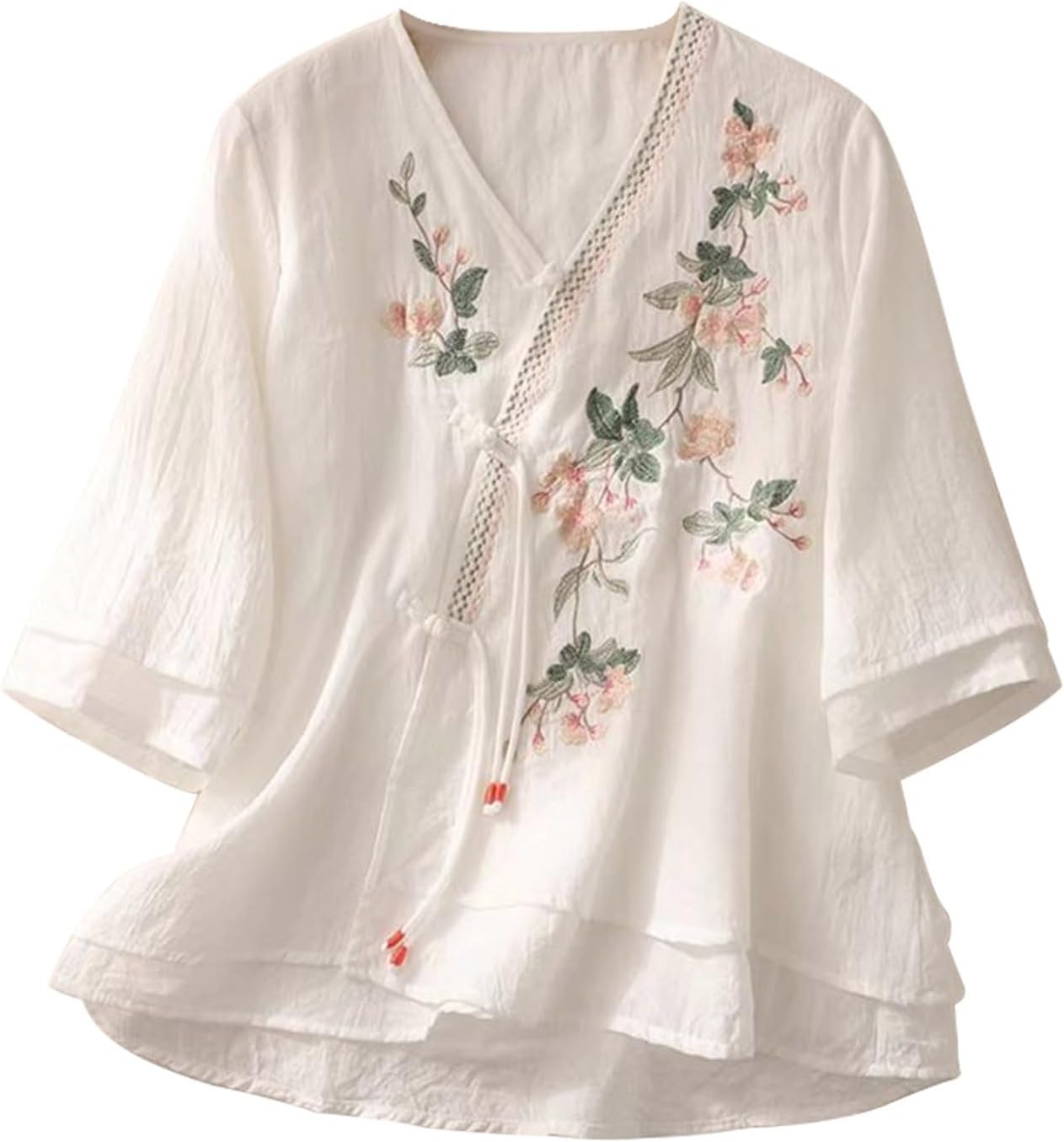 Embroidered Tops for Women Cotton Linen Casual 3/4 Sleeve Chinese Frog Button Wrap Shirts Peasant Gauze Boho Blouses