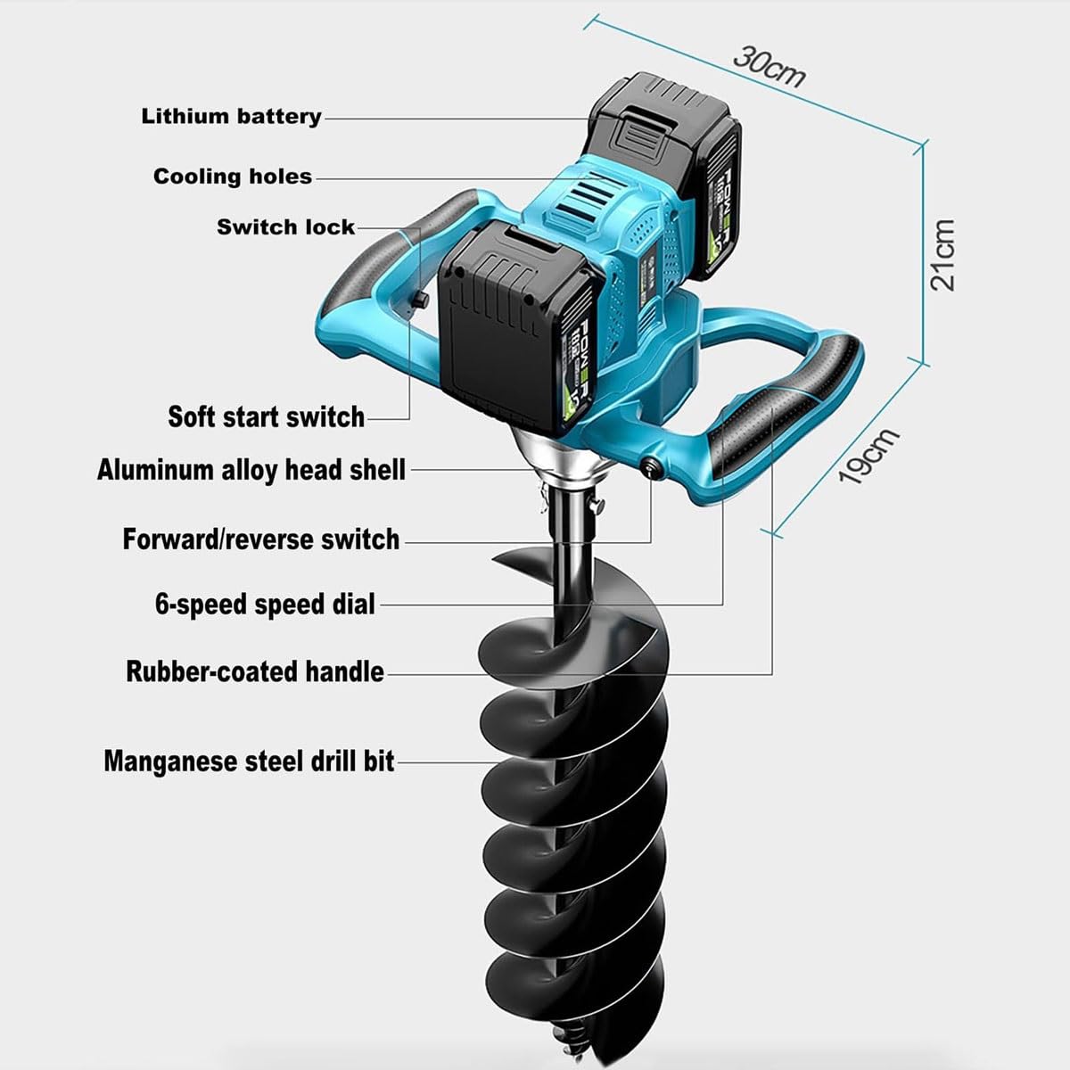 Scavatore elettrico per fori per recinzioni, senza fili, con 2 batterie, potenza 1200 W, 6 ingranaggi regolabili, direzione avanti e indietro, per piantare il giardino