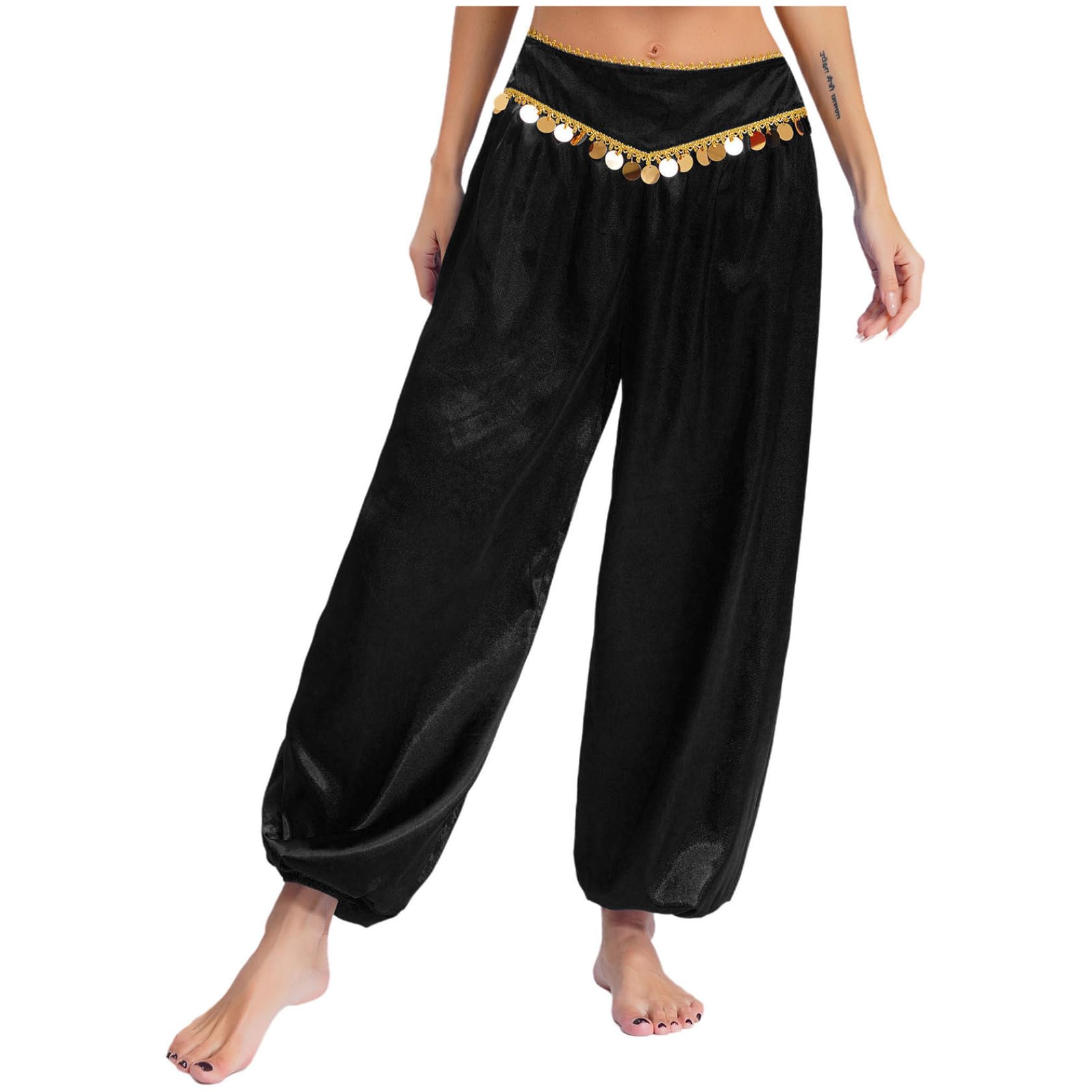 Sywiyi Pantalon de danse long pour femme - Pantalon bouffant avec paillettes - Taille basse - Costume de danse orientale indienne - Costume de fête à thème - Carnaval